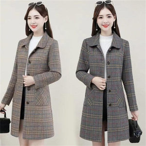 Mom in autumn and winter temperament ladies style slimming is thin and versatile with long -style checkered woolen woolen coat jacket
