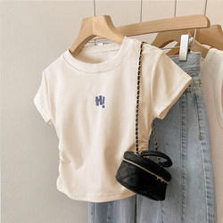 2025 Early Spring and Summer New Round-Neck Short-Sleeve T-Shirt for Women, Cotton Pleated Waist-Slimming Base Shirt Top, Trendy