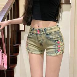 American Retro Hot Girl Design Denim Ultra-Short Shorts for Women, Summer Elastic Tight Low-Waist Slimming Hip-Hugging Hot Pants
