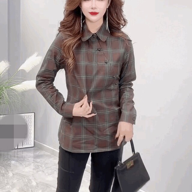 European-style simple and fashionable plaid shirt for women French lapel long-sleeved top loose design button-down shirt