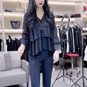 
French design chiffon floral yarn T-shirt shirt for women V-neck black polka-dot top bell-sleeved ruffled chiffon shirt
