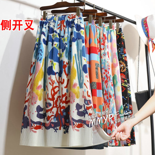 Dopamine color oil painting graffiti pleated skirt for women in spring and summer 2025 new printed skirt pleated skirt