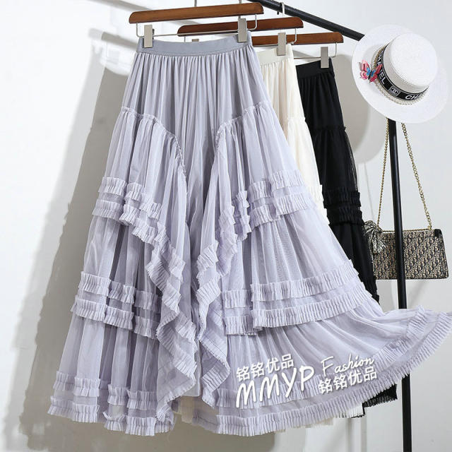 Gray black ears with lace spliced ​​mesh cake skirt for women 2025 spring and summer design puffy princess long skirt