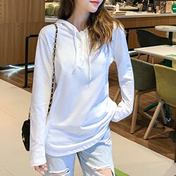 White Hooded Long-Sleeved T-Shirt for Women Thin 2025 Spring & Fall Bamboo Cotton Sweatshirt Fashionable Loose Inner Layering Shirt
