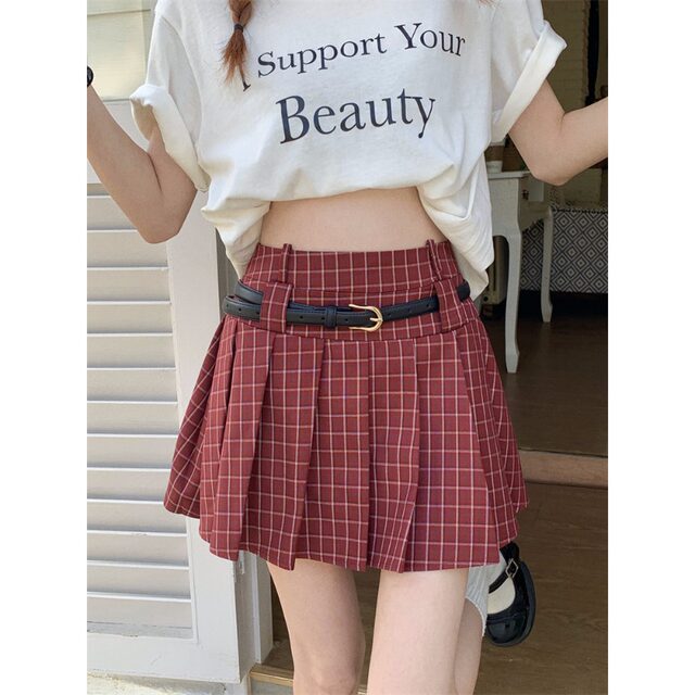 Large size retro red plaid jk pleated skirt for women in summer American style high waist a line short skirt fluffy skirt