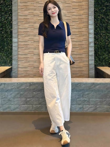 2025新款夏季穿搭一整套高级感小众藏青色翻领短袖上衣裤子两件套