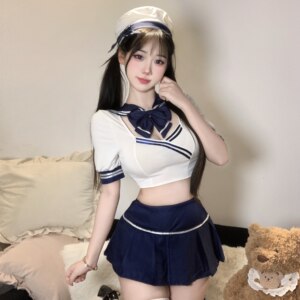 
Sexy pure pure small breasts academy style pleated skirt sailor navy blue uniform couple date sunny fun qqny