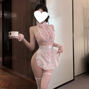 
Sexy pure desire hollow backless halter neck cute cook maid cos role play maid uniform clear fun qqny