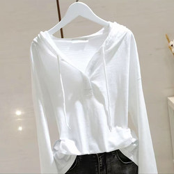White Pure Cotton Hooded Sweatshirt for Women, New Spring and Autumn Style, Loose Fit, Slimming, Versatile, Fashionable Long-Sleeve T-Shirt, Base Layer