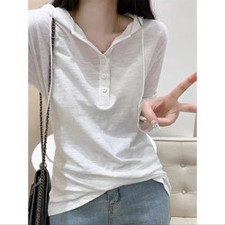 White Hooded Spring and Autumn Thin Long-Sleeved Sweatshirt for Women, New Large Size, Slimming, Button Design, Stylish Base Shirt