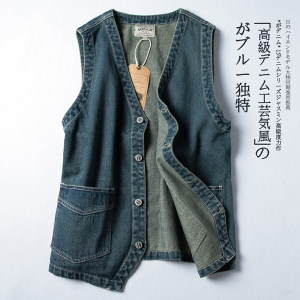 
Japanese retro youth trendy men's wash blue denim vest work vest sleeveless jacket