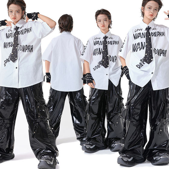 
Street dance children's trendy clothing hip-hop boys cool shirts and leather pants suits hiphop girls trendy brand catwalk costumes