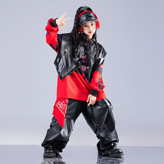 
New children's street dance trendy clothing for boys set children's hiphop hip hop street children's clothing leather pants girls' performance clothing