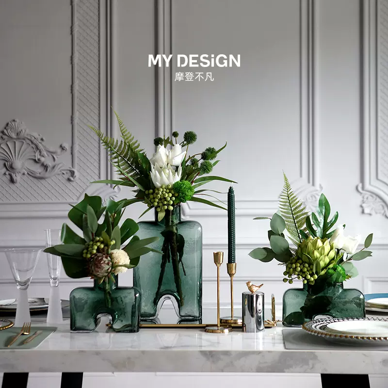 欧式轻奢玻璃花瓶花艺托盘组合摆件创意样板房会所仿真花艺装饰