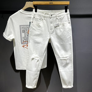 
2026 spring men's trendy and handsome ripped summer versatile white elastic slim fit anklet nine-minute jeans