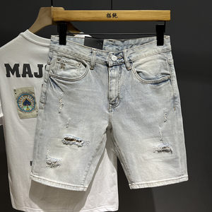 Men's thin light -colored ripped denim shorts in summer fashion trend casual horse pants water washing versatile breathable pants
