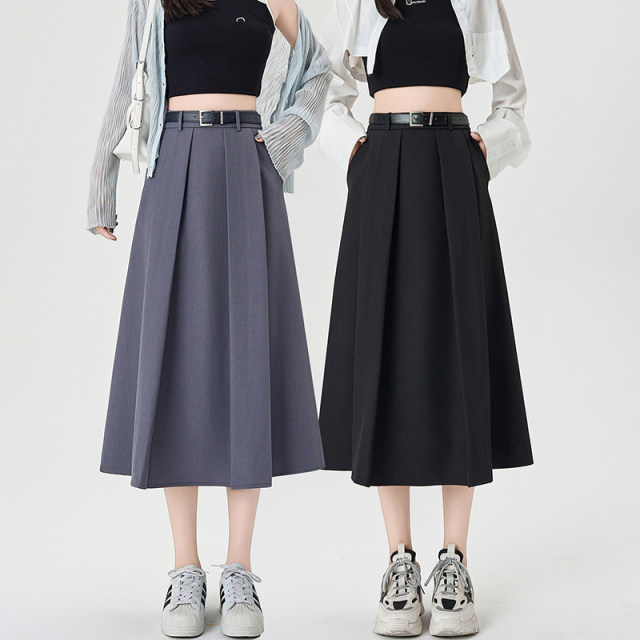 Suit skirt for women with small summer professional temperament mid-length large pleated a-line skirt with pockets