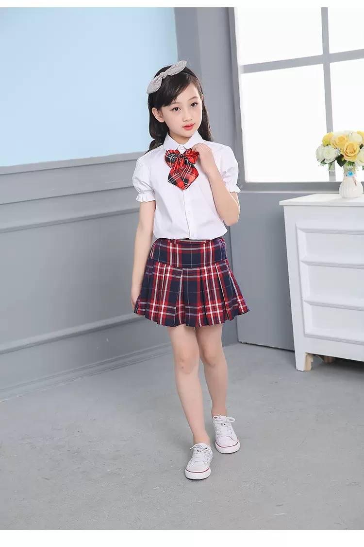 女童短裙黑色半身裙中小学生校服儿童百褶裙女孩夏白衬衣演出套装