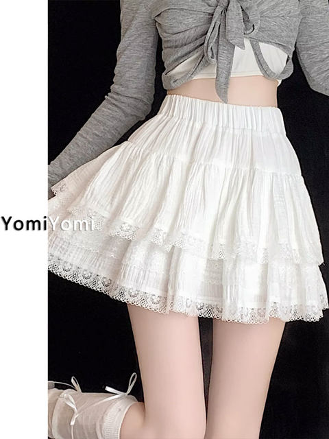 French ballet puff cake skirt female summer big size fat MM ruffle short skirt high waist A -line lace half body skirt