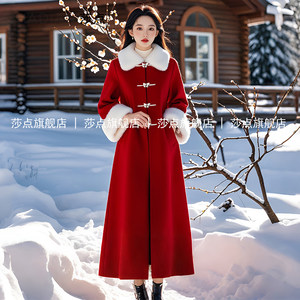 
New Chinese style tweed coat in winter medium-length velvet thickened wool wedding coat temperament New Year's gown