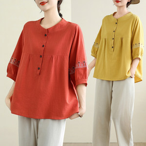 
Middle-aged and elderly mothers large size cotton T-shirt shirt women's summer new ethnic style embroidered loose belly-covering five-quarter sleeve top