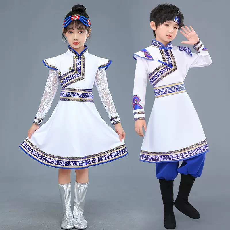 新款男女儿童鄂伦春族表演服演出舞蹈服装少数民族56个名族合唱服