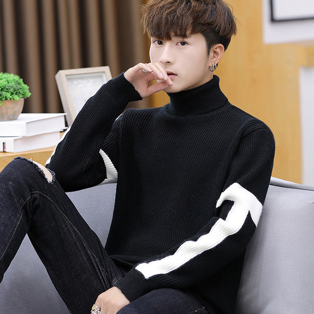 Turtleneck sweater men's new color-blocked sweater Korean style slim ...