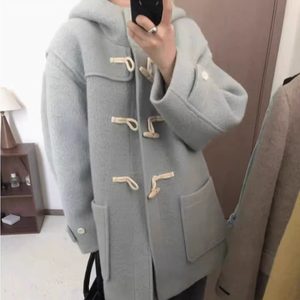 
OEM! theable Korean 2025 winter new style hooded horn button coat women's woolen coat mid-length