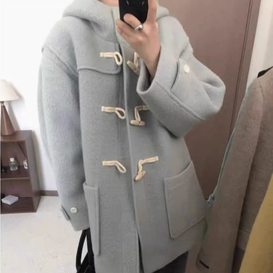 
OEM! theable Korean 2025 winter new style hooded horn button coat women's woolen coat mid-length