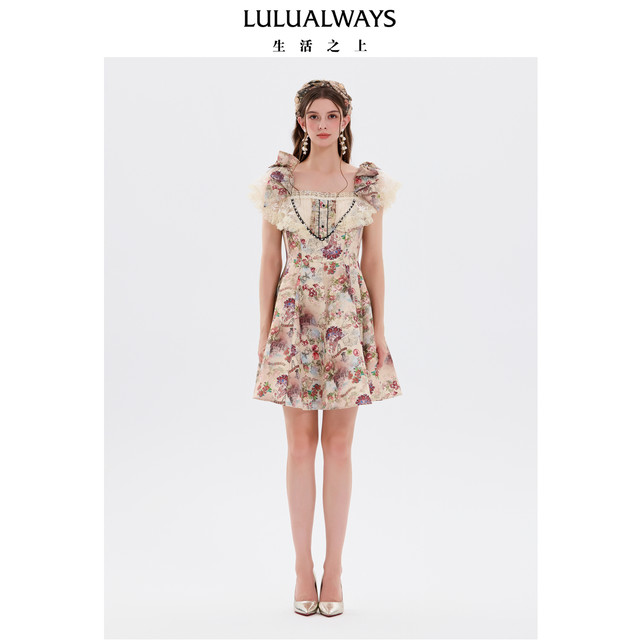 
LULUALWAYS I Love Lulu 25 Fall New Lolita Sweet Retro Gorgeous Square Neck Lace Dress