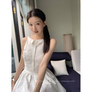 
Mummy Cat [Platycodon Love] new sleeveless shirt collar pleated lace dress