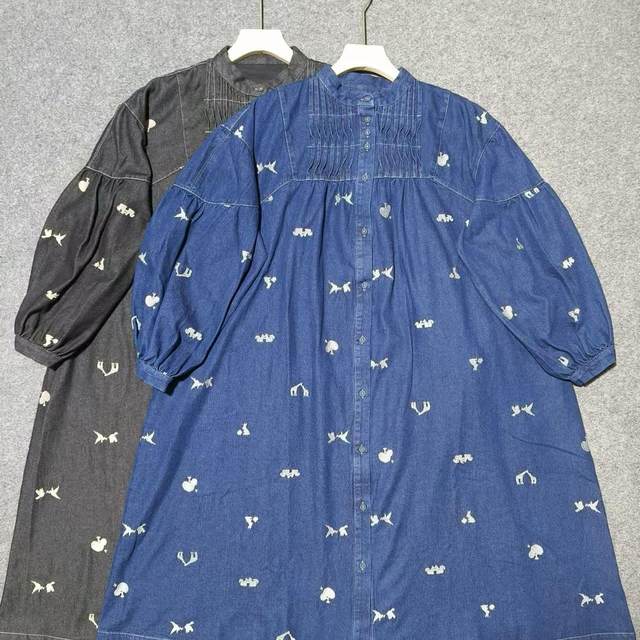 Official website Heavy Industry Embroidery Long Sleeve Denim Dress for Women 2025 Spring New Round Neck Pure Cotton Large Size Shirt Dress
