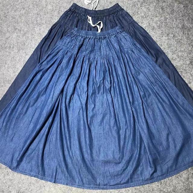Japanese single retro pleated denim high waist skirt for women 2025 spring new lace-up elastic waist pure cotton A-line skirt
