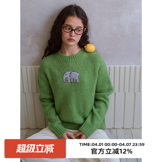 
Omont Egg Tart Home Retro Hand Painted Elephant Round Neck Jacquard Knitted Sweater 2025 Autumn and Winter Pullover Warm Top
