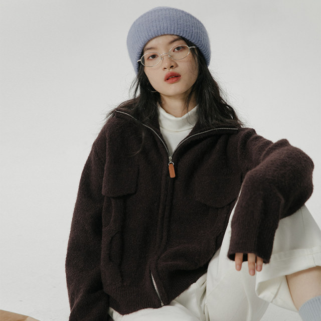 omont egg tart home lapel short sweater women's autumn and winter 2023 new zipper lazy style wool cardigan jacket