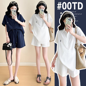 
Fashionable Maternity Wear Set 2025 New Short Sleeve Loose Versatile POLO Collar Top No Support Belly Shorts Two-piece Set
