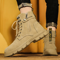 Work Boots Men's Autumn and Winter High-Top British Style Yellow Boots with Fleece Cotton Shoes Outdoor Labor Protection Wear-Resistant Combat Training Boots
