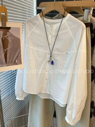 2026 Spring and Autumn Stand-Up Collar Loose New Style Round Neck Long-Sleeved Shirt Retro Design Shirt Casual White Shirt Top