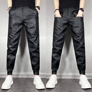 Autumn and winter leisure elastic warmth, slim feet PU leather pants male net red locomotive youth pocket Haron pants