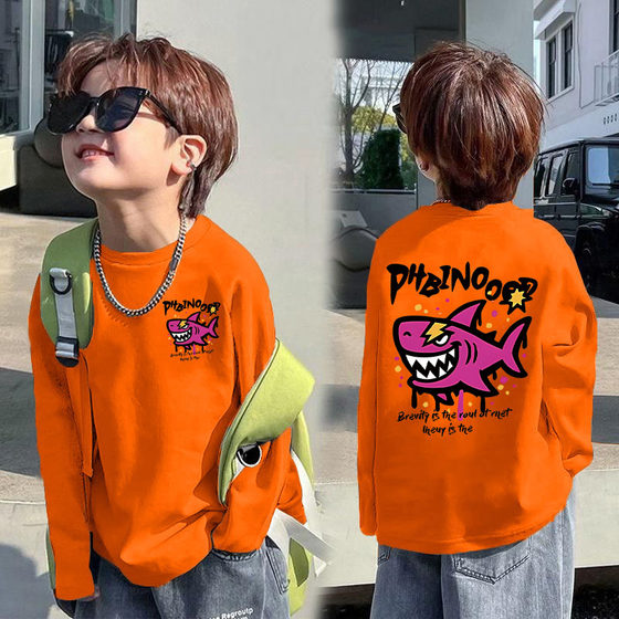 
Children's spring and autumn pure cotton long-sleeved T-shirts, handsome boys' loose tops, medium and large children's spring and autumn versatile bottoming shirts