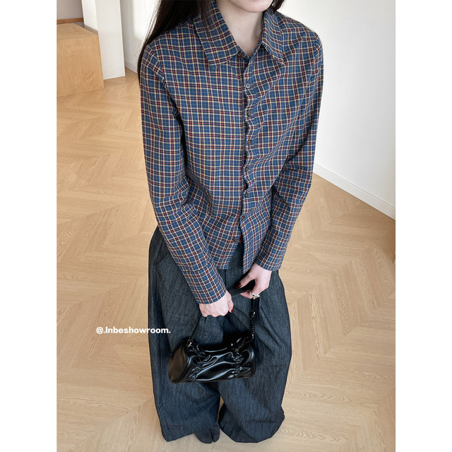 Inbeshowroom American retro plaid waist long sleeve shirt women's design wavy placket short top