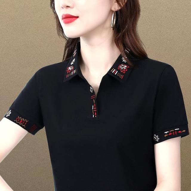 
2024 summer pure cotton short-sleeved T-shirt for women with slim fit and slim temperament lapel polo shirt large size embroidered top thin