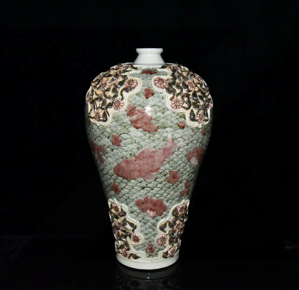 元代青花釉里红鱼草纹雕刻捏花梅瓶古代摆件古玩古瓷器中古轻奢-Taobao