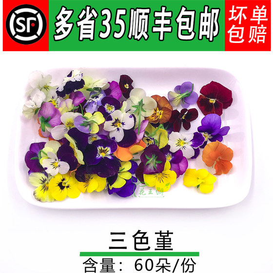 
Pansy, fresh tricolor flowers, iris, flowers and grass, hotel western food plating, baking decoration