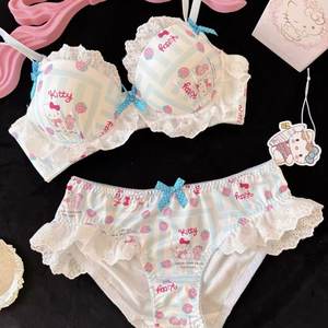 
Japanese cute color-blocked Kitty cat bow underwear for girls without rims, small breasts, push-up comfortable lace bra