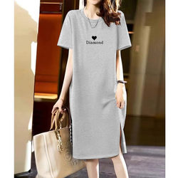 2026 New Summer Short-Sleeved Dress Korean Style Casual Lazy Style T-Shirt Dress Loose Large Size Slit Long Skirt