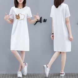 2025 New White Over-The-Knee Long Skirt for Women, Korean Style Loose Short-Sleeved T-Shirt Dress, Fashionable Casual Mid-Length Dress