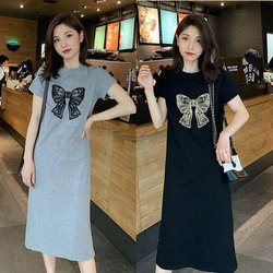 Women's Short-Sleeved New Dress 2025 Round Neck Slimming Age-Reducing Over-The-Knee Mid-Length Versatile T-Shirt Dress Trendy ins