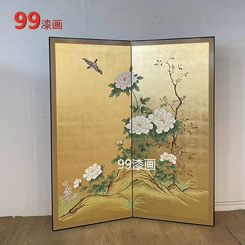 99漆画手绘金箔屏风中古日式茶室客厅隔断背景墙两扇中式折屏定制 