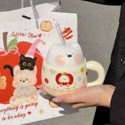 Cute Cartoon West Highland Ceramic Mug with Lid and Straw Cup, Girly Tea Cup, Office Desktop Coffee Cup